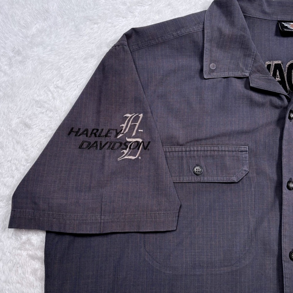 Y2K Harley-Davidson Button Shirt Men 2XL Gray Blue Mechanic Spellout Short Slv - Picture 4 of 16
